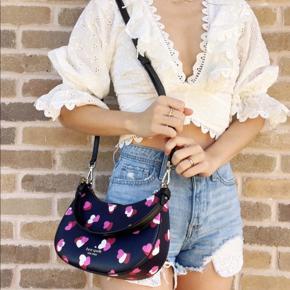 Kate Spade Staci Flutter Heart Half Moon Shoulder Bag Crossbody Black Pink - Picture 4 of 6